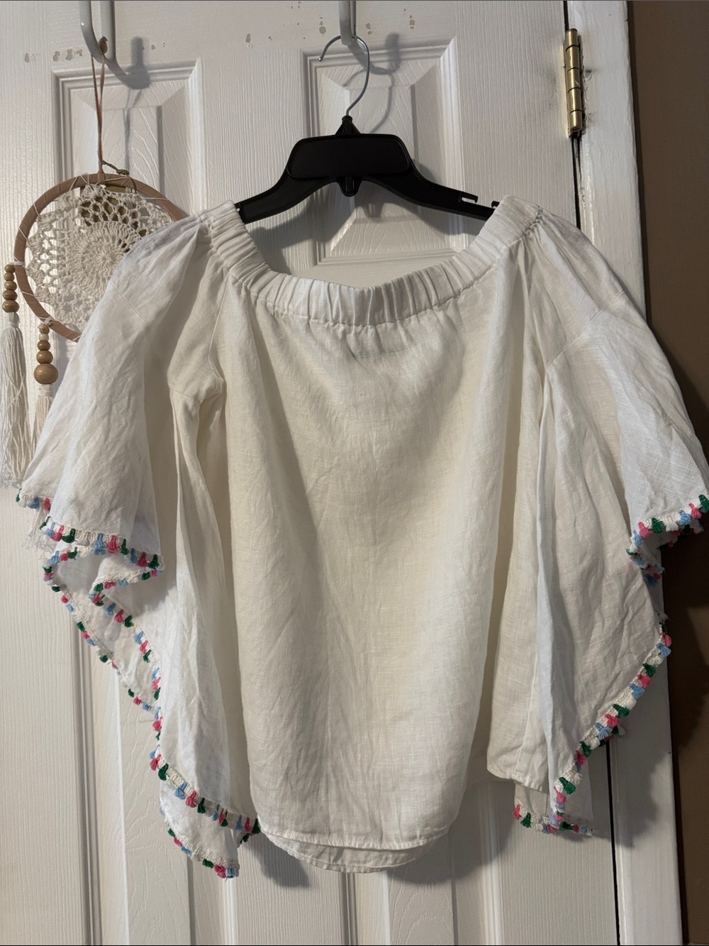 Zara women’s White Off-Shoulder Ruffle blouse with Colorful Pom Trim